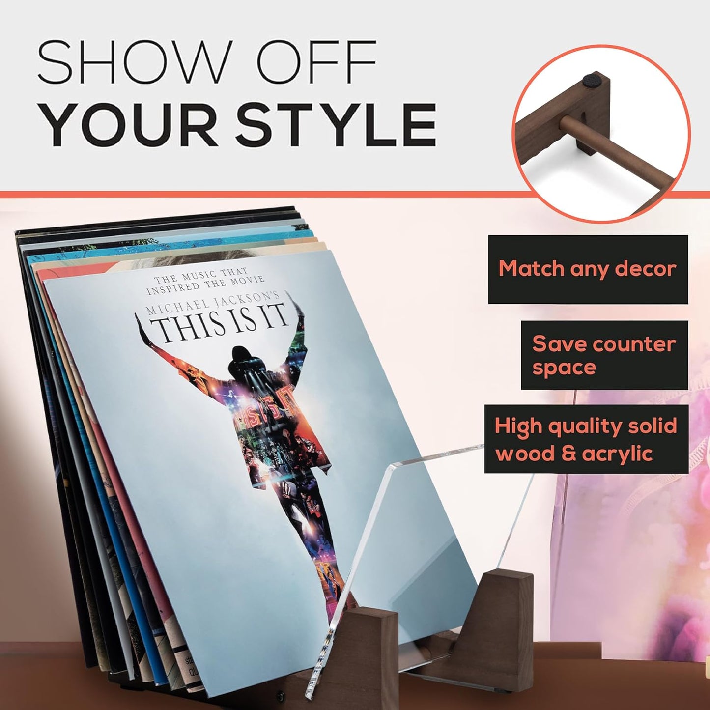 Vinyl Record Storage Holder - Stacks up to 30 Albums, 7 or 12 inch - Solid Wood Stand with Clear Acrylic Ends - Display
