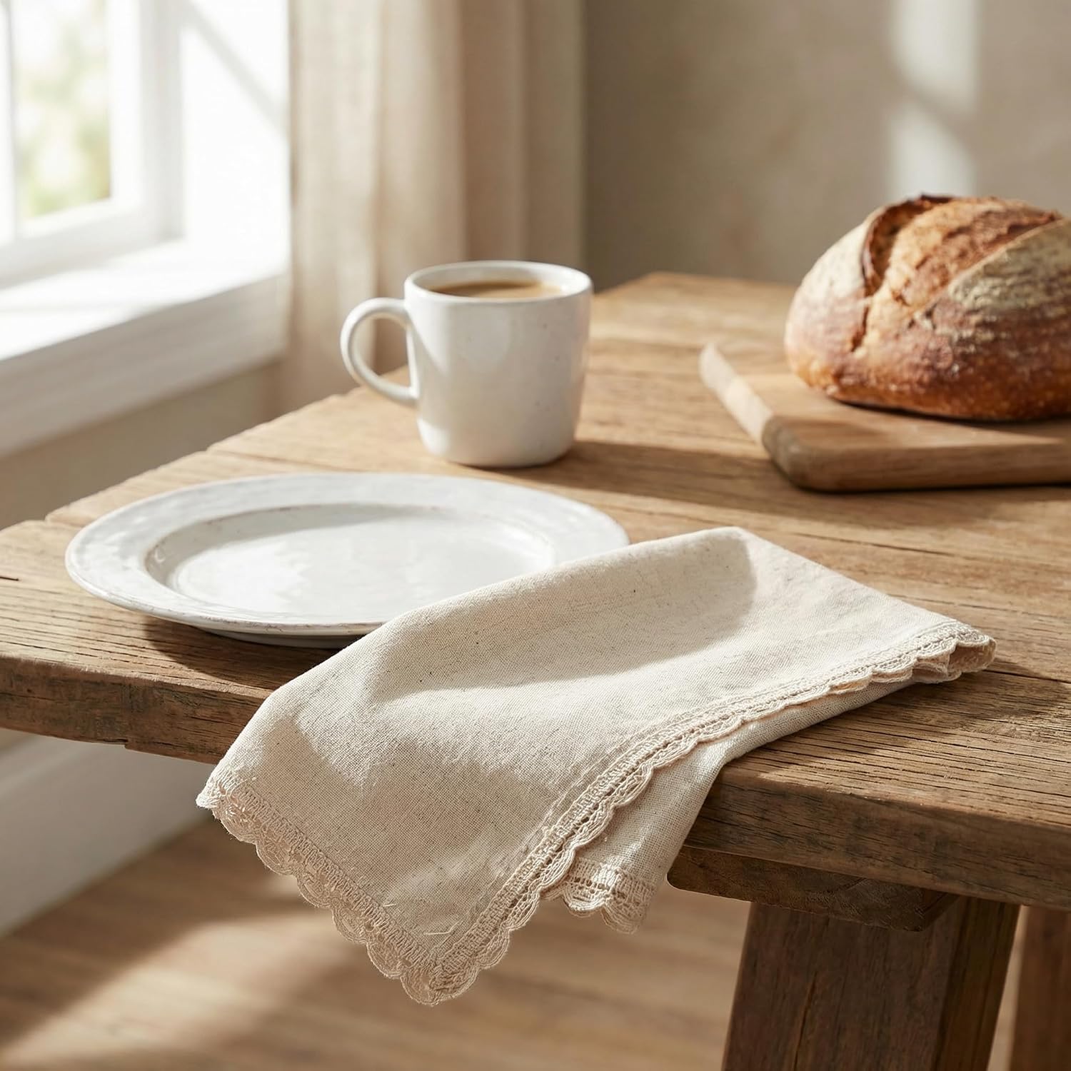 Set of 12 Flax Lace Cloth Napkins 20x20 Inch - Natural | Premium Linen Cotton Reusable Dinner Napkin for Wedding