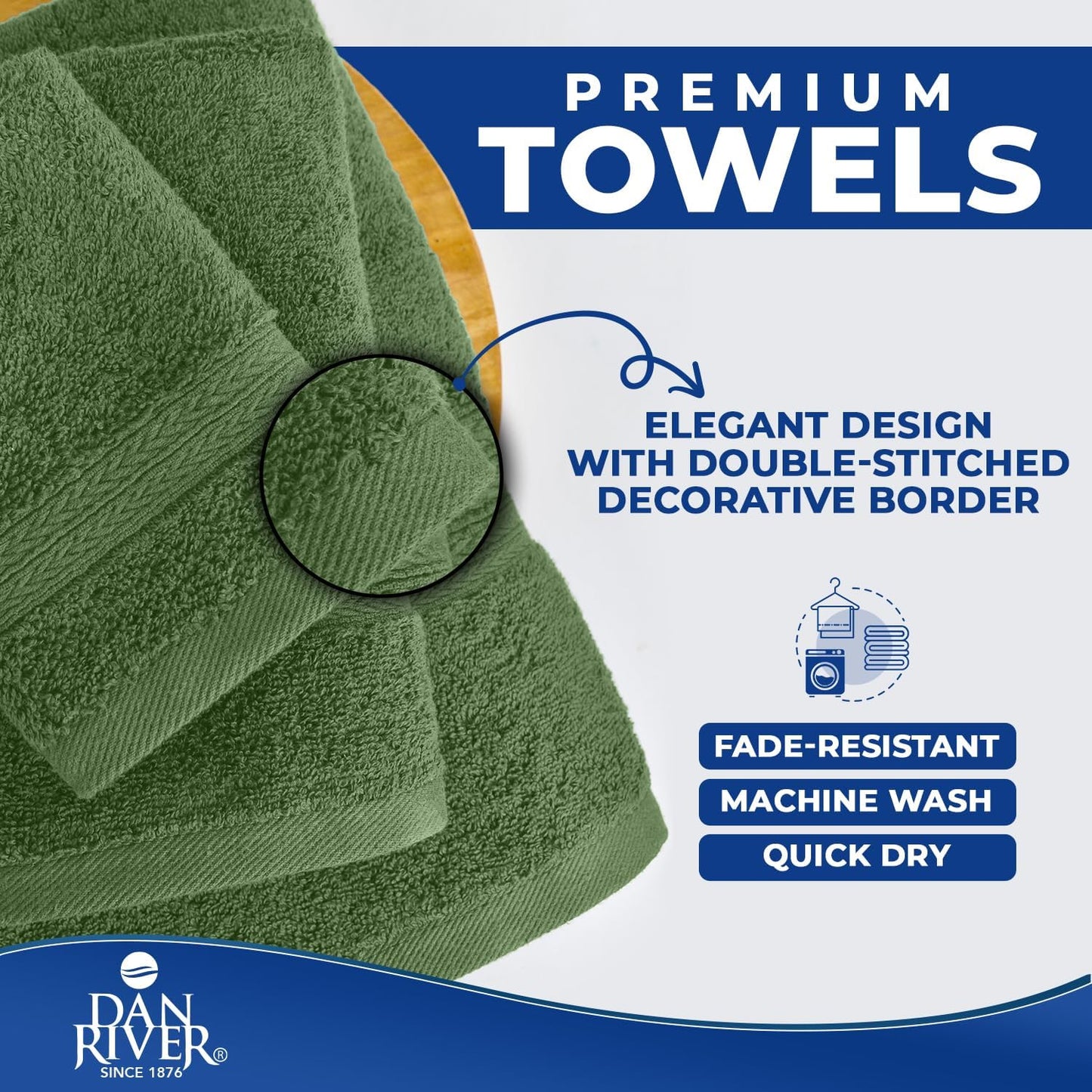 DAN RIVER 8 Piece Luxury Bath Towels for Bathroom, Towel Set, Sage Green | 2 Bath towels, 2 Hand towels, and 4 Wash
