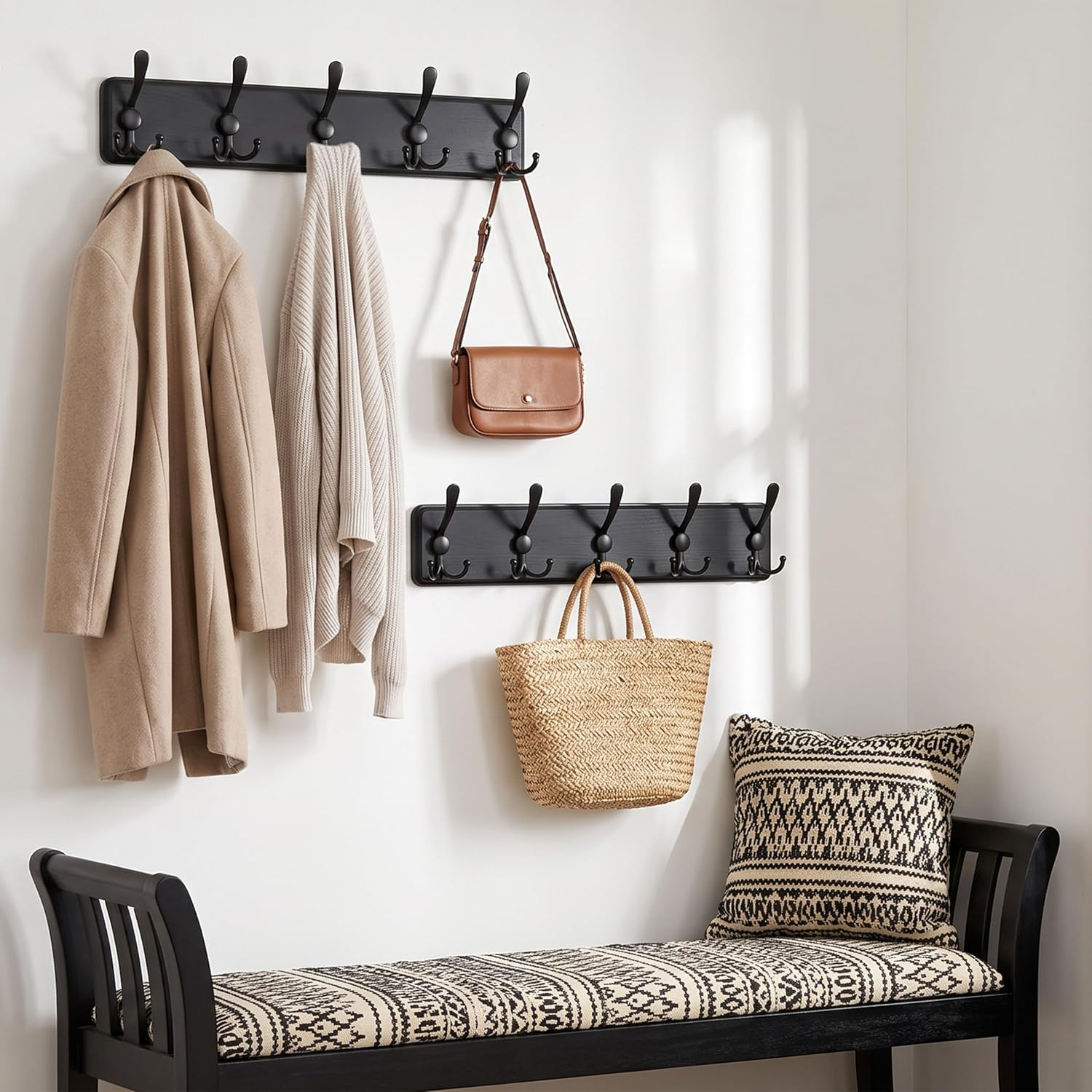 WEBI Coat Rack Wall Mount,Coat Hooks Wall Mounted Rustic,16" Hole to Hole,Large Coat Hanger Wall,Wood Hook Rack,5