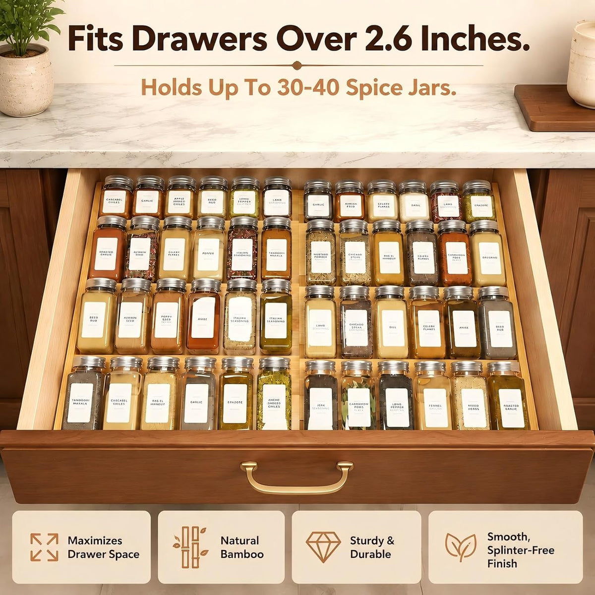 Bamboo Spice Drawer Organizer Expandable(Fits 2.6" Deep or Deeper Drawers), 4-Tier Spice Rack Drawer Insert for Kitchen