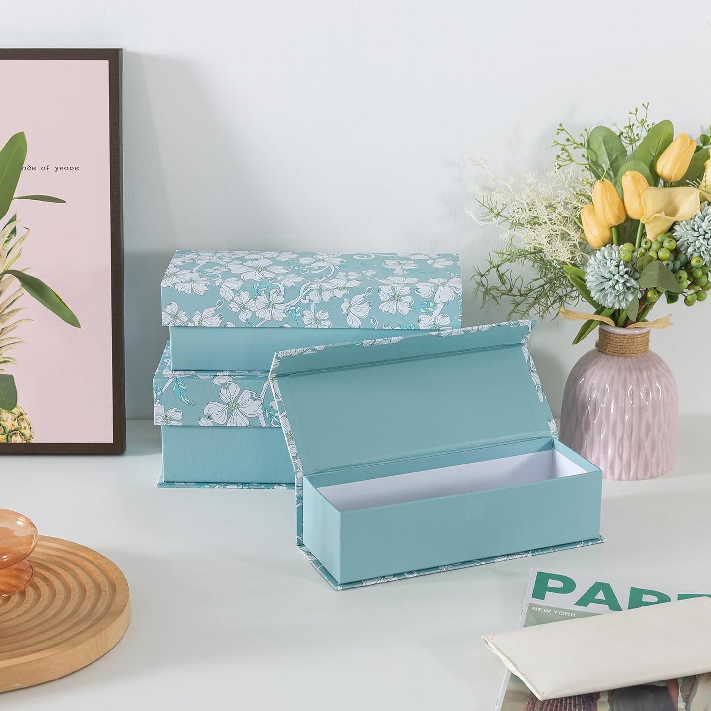 Cardboard Boxes / Decorative Storage Boxes / Blue Botanical / Set of 3