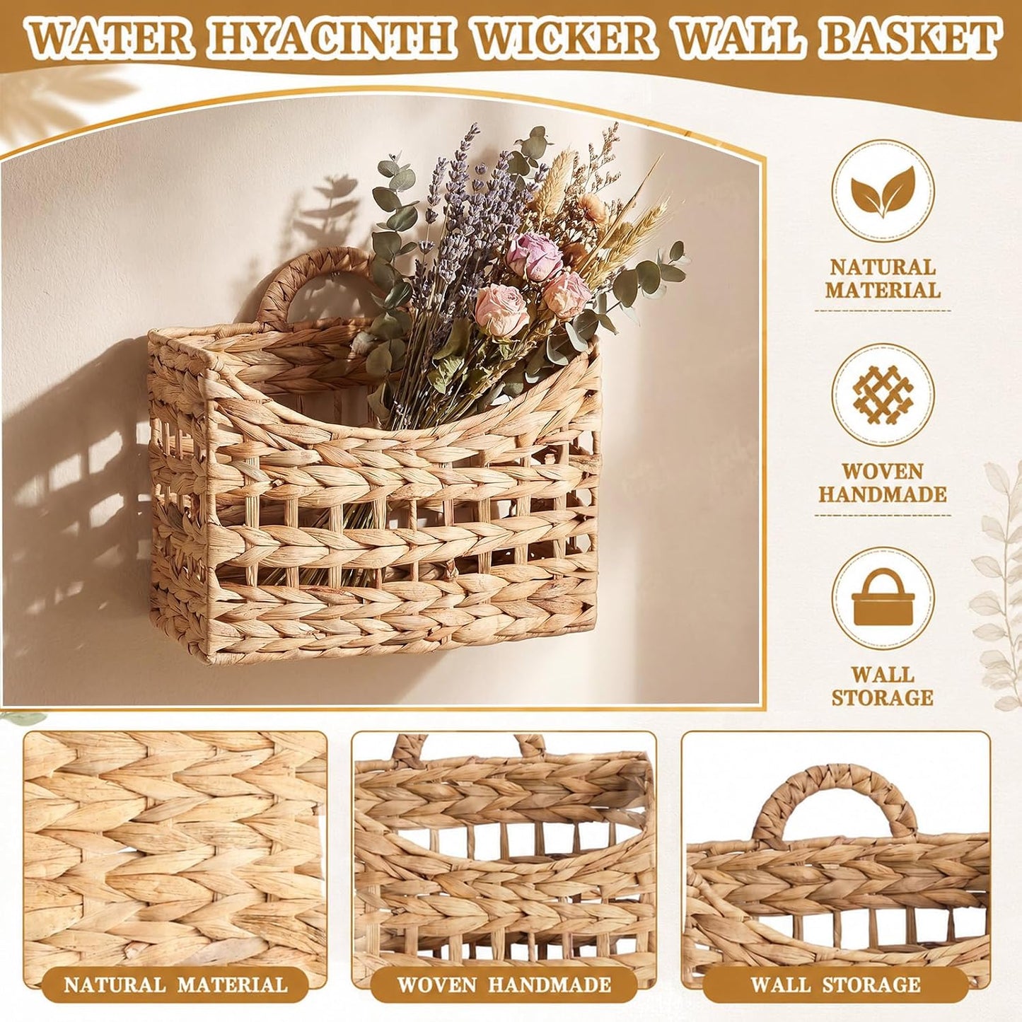 Wall Hanging Baskets for Organizing Water Hyacinth Woven Baskets Sets Boho / Natural / Set of 2