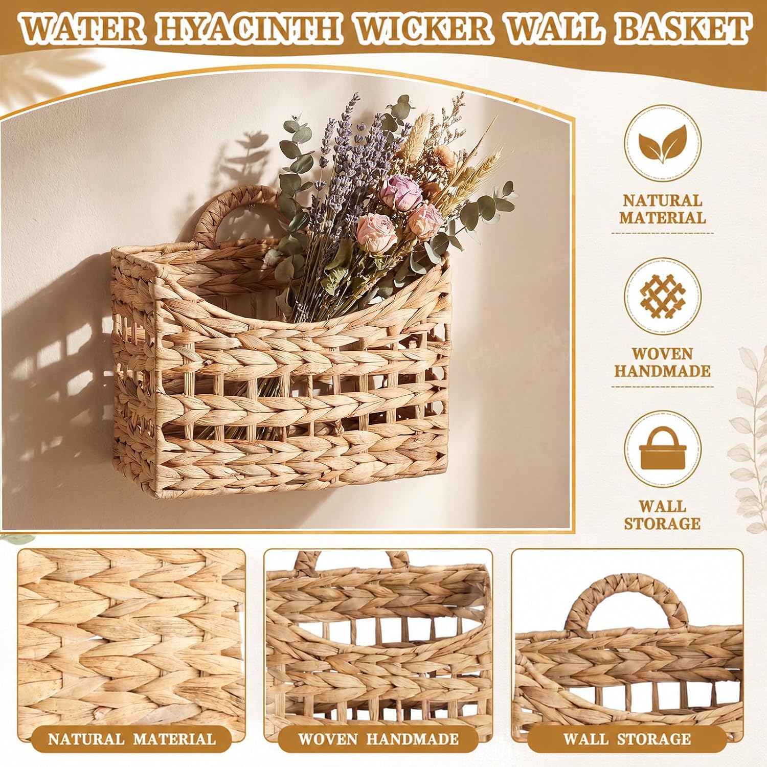 Wall Hanging Baskets for Organizing Water Hyacinth Woven Baskets Sets Boho / Natural / Set of 2