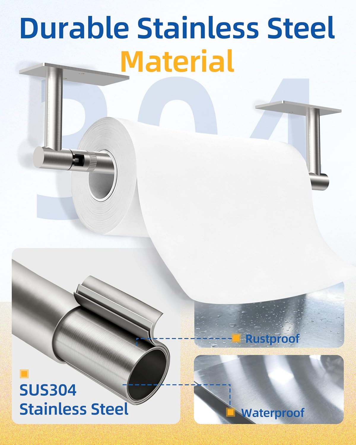 RUACQ Paper Towel Holder Under Cabinet, Stainless Steel, Silver | Drill Wall Mount or Adhesive, Square Base