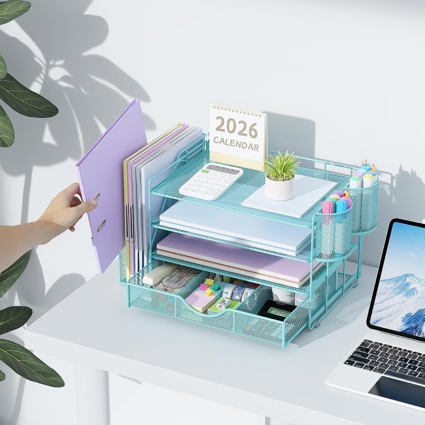 gianotter Desk Organizers and Accessories with File Holder, 4-Tier Desk Accessories & Workspace Organizers with Drawer