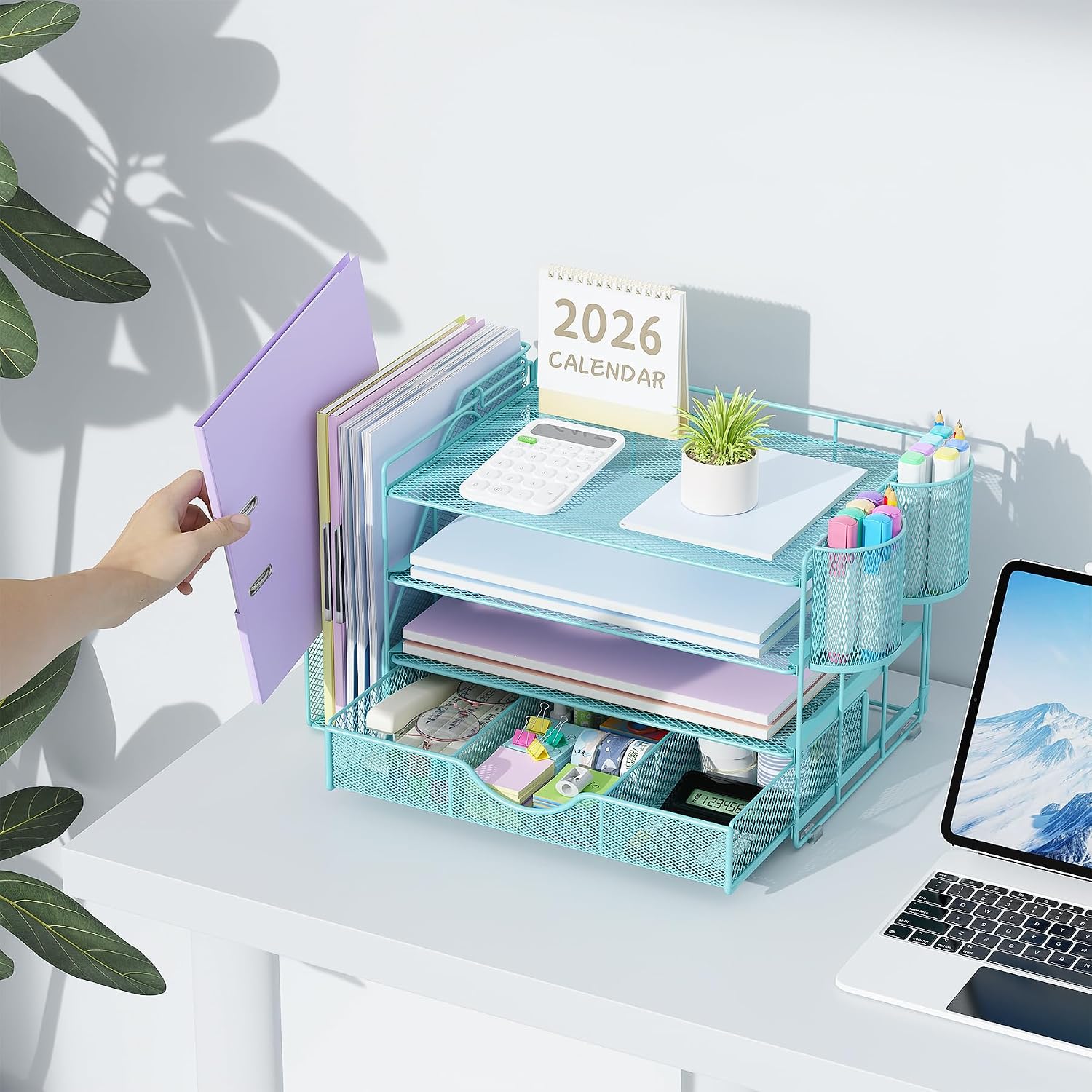 gianotter Desk Organizers and Accessories with File Holder, 4-Tier Desk Accessories & Workspace Organizers with Drawer