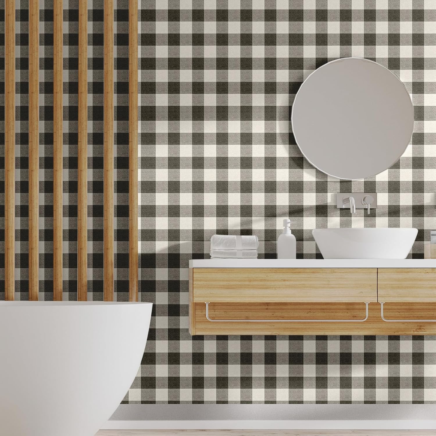 Plaid Textured Peel Stick Wallpaper " Boho Checkered Gingham Contact Waterproof / Black / 15.8 x 118