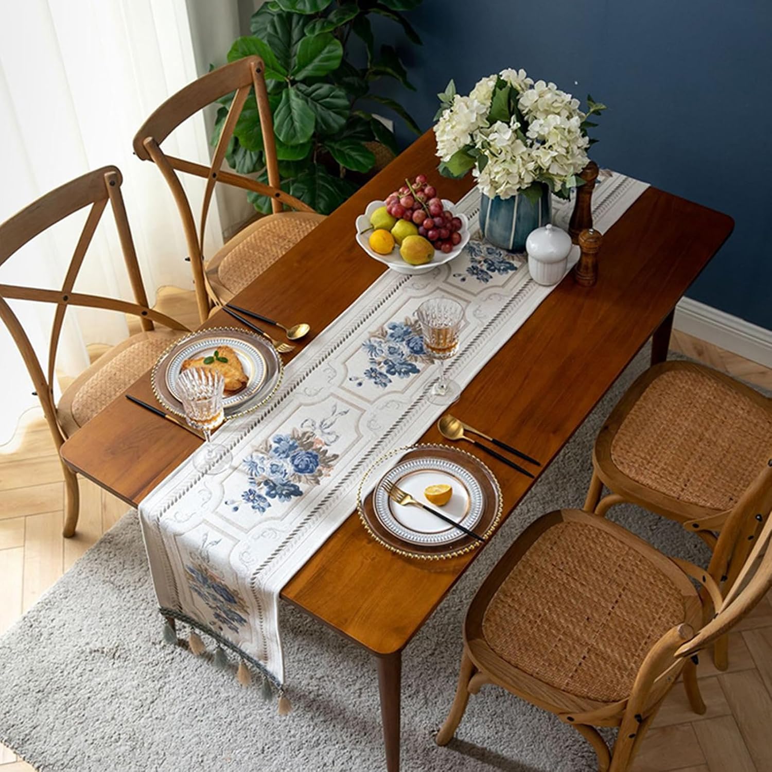Embroidery Luxury Table Runner, Long White Dining Table Runner, Elegant Jacquard Dresser Scarf with Multi-Tassels for