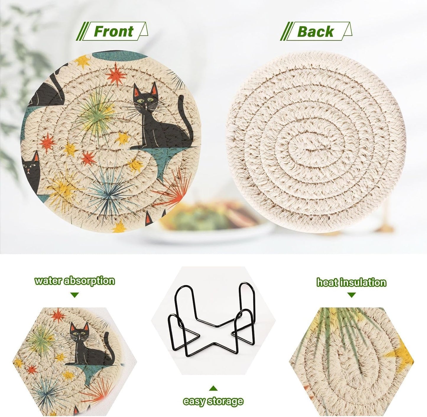 Holder / 1950s Mid Century Modern Atomic Cats Pattern Round Cup Mat / Multi 3 / Black / Set of 6