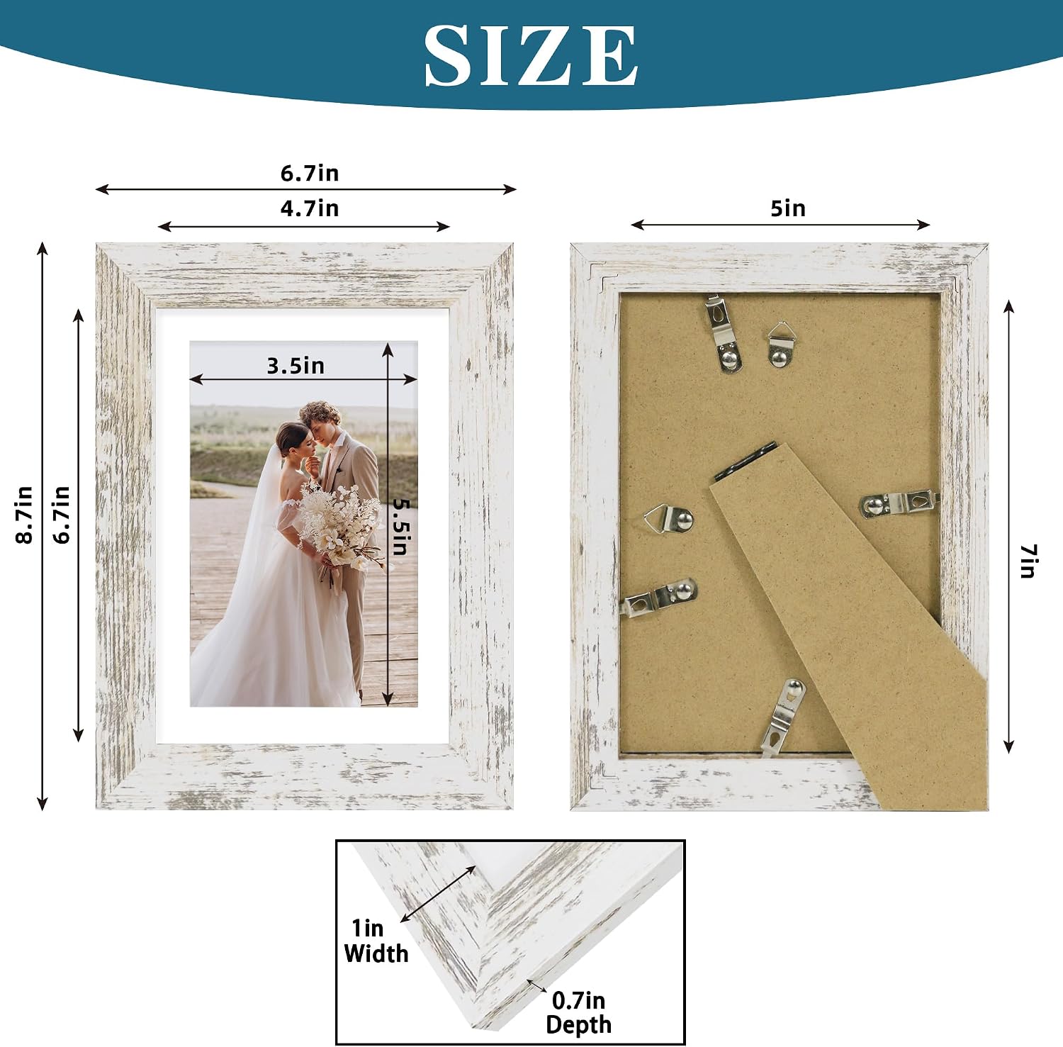Made of Real Glass and Wooden Frame / Distressed White / 5 x 7 / Set of 2