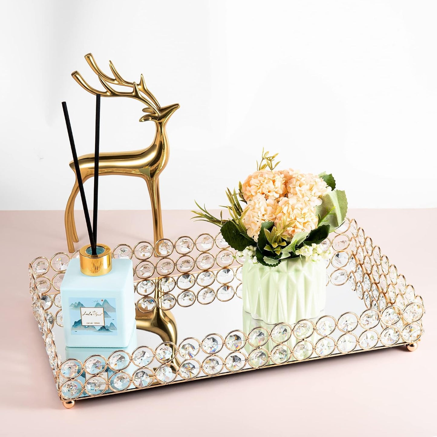 Crystal Perfume Fragrance Tray Cosmetic Makeup Vanity Tray Jewelry Trinket Ring Earring / Gold