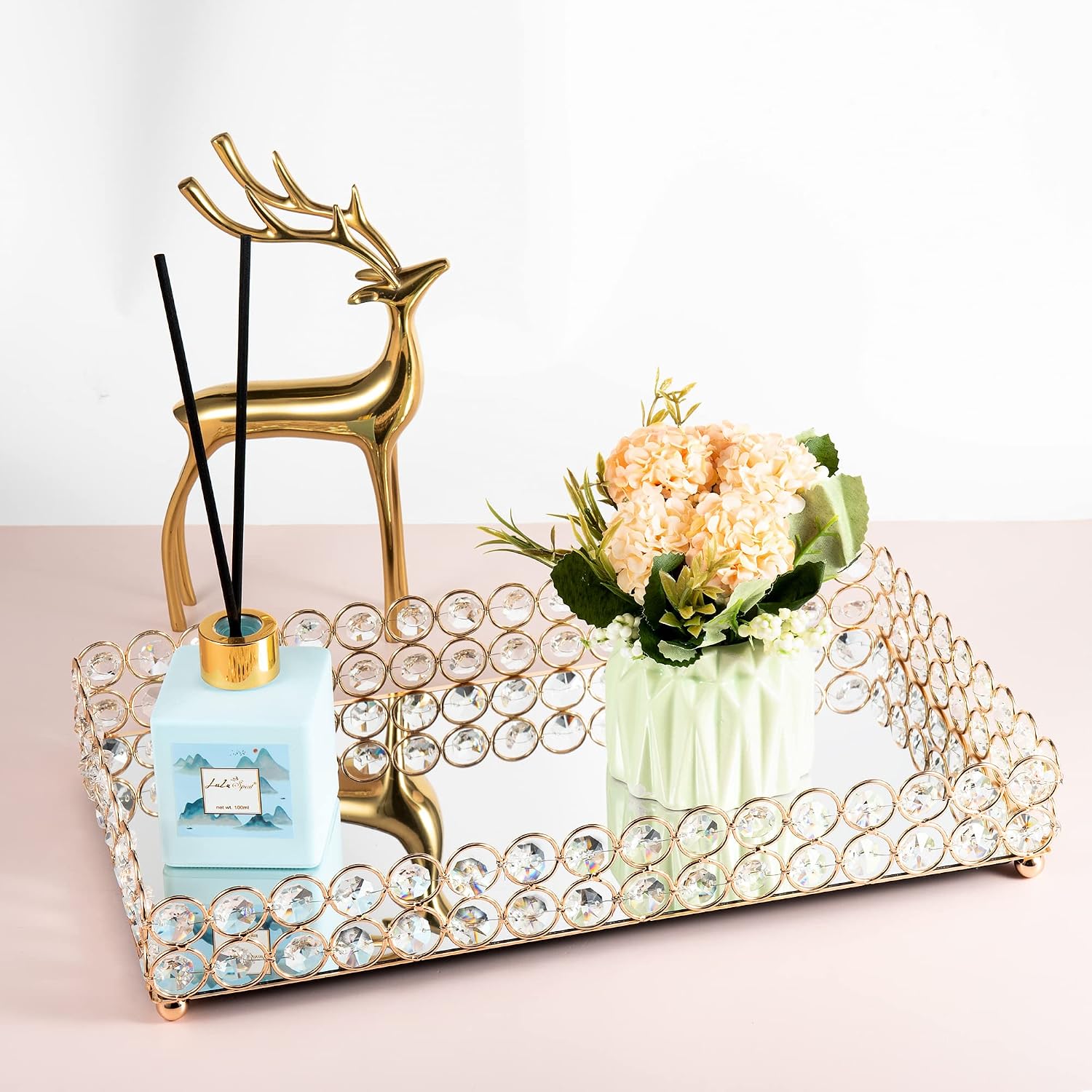 Crystal Perfume Fragrance Tray Cosmetic Makeup Vanity Tray Jewelry Trinket Ring Earring / Gold