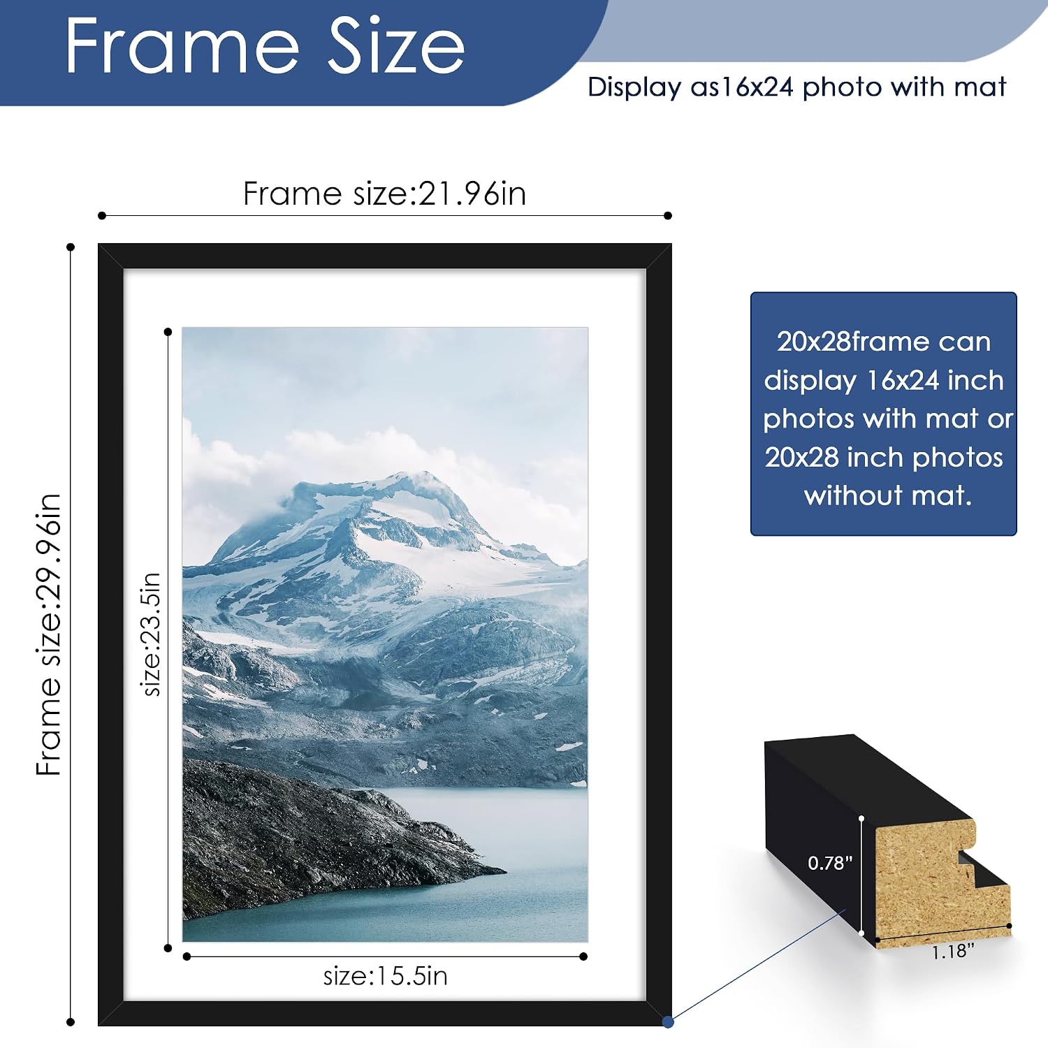20x28 Picture Frame Set of 6, Wall Mount Display, Black | Display 16x24 with Mat or 20x28 Without Mat, Horizontal or