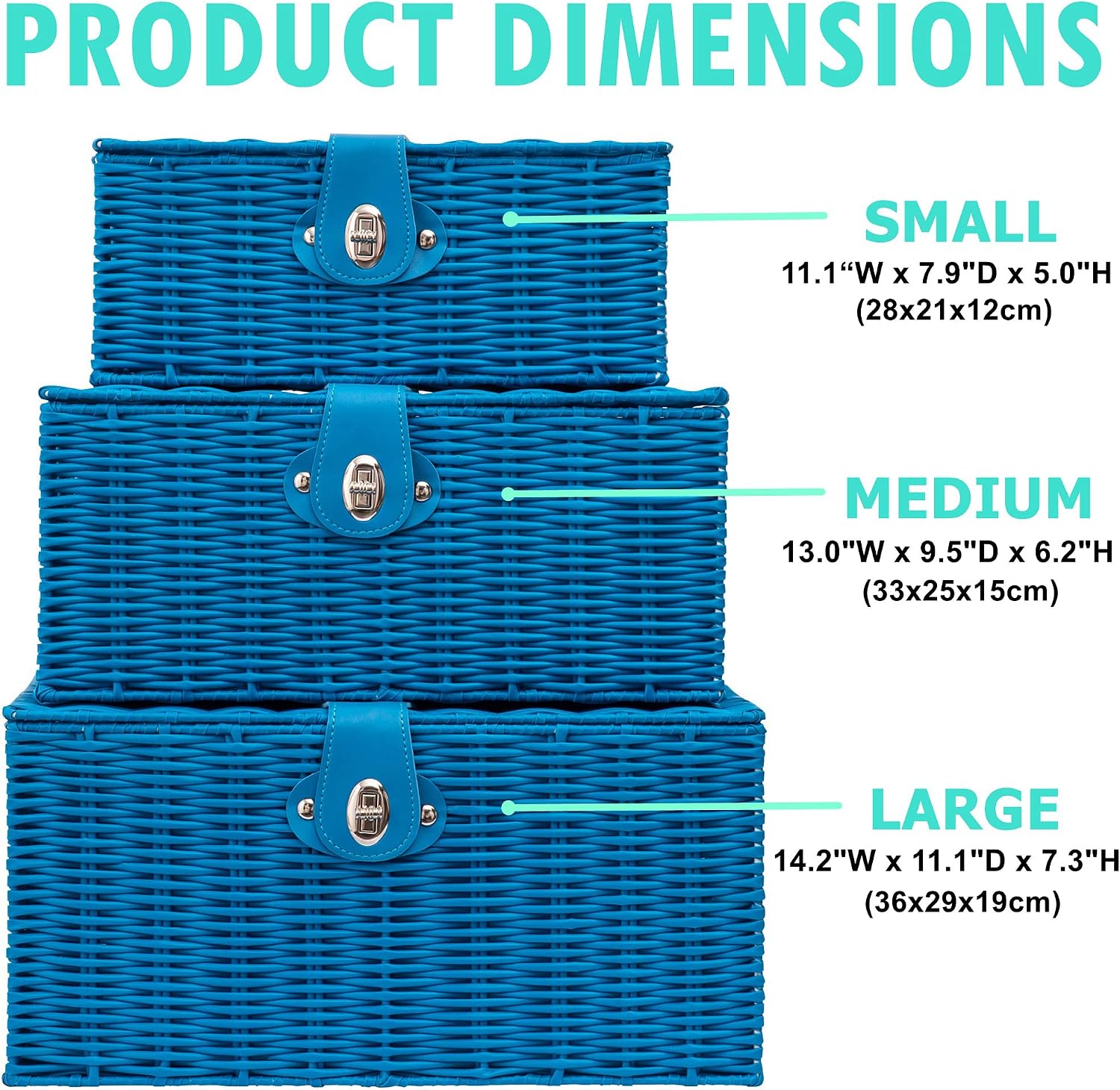 Woven Wicker Storage Basket Box / Blue / Set of 3