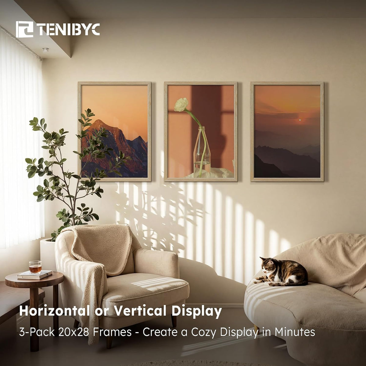 20x28 Picture Frame, Natural Wood, 3 Pack, Wall Hanging for Poster | Thick Polished Plexiglass, Large Poster Frame for