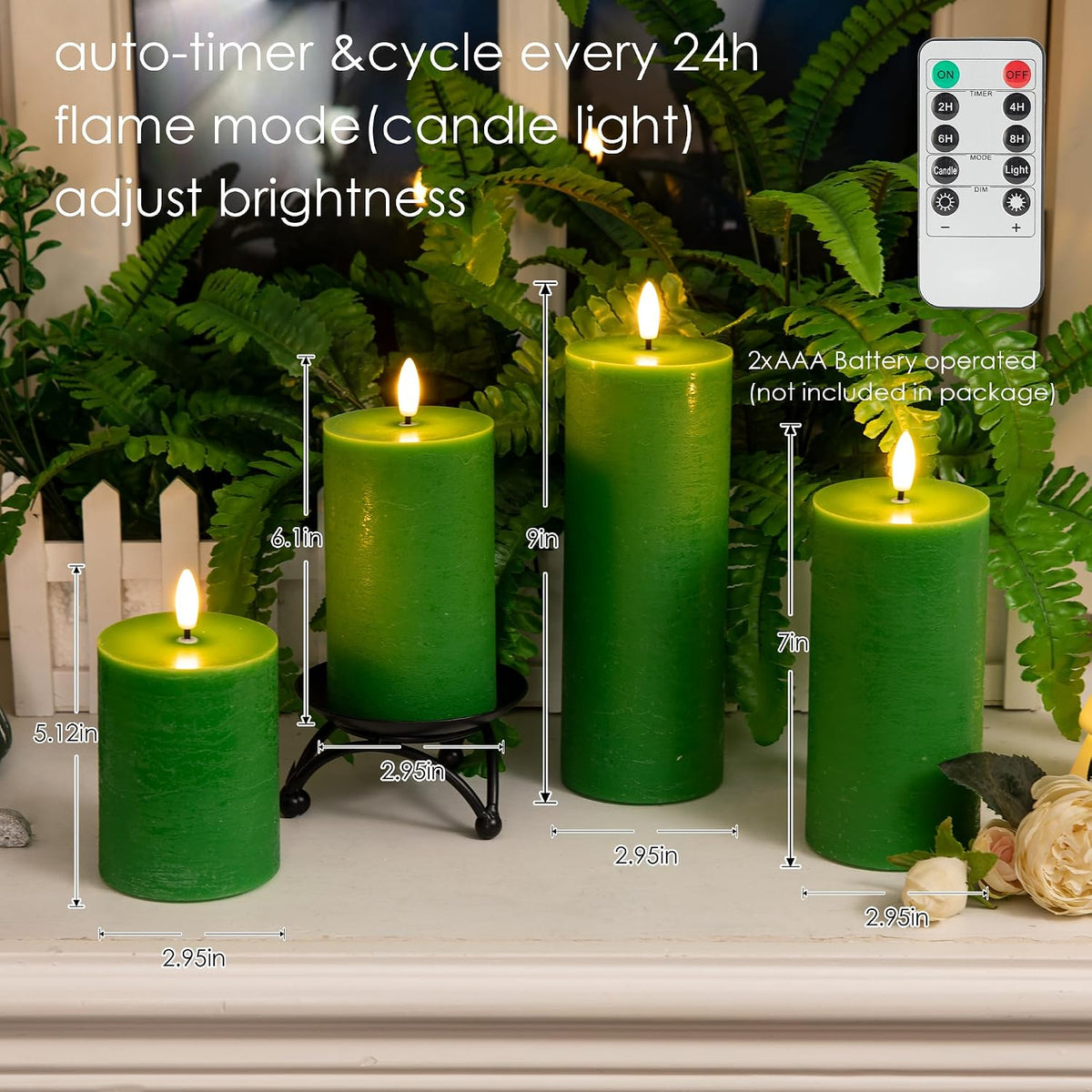 LUSHARBOR Green Flameless Candles, 4 Pack Battery Operated Candles for St. Patrick’s Day, Real Wax LED Fake Candles for