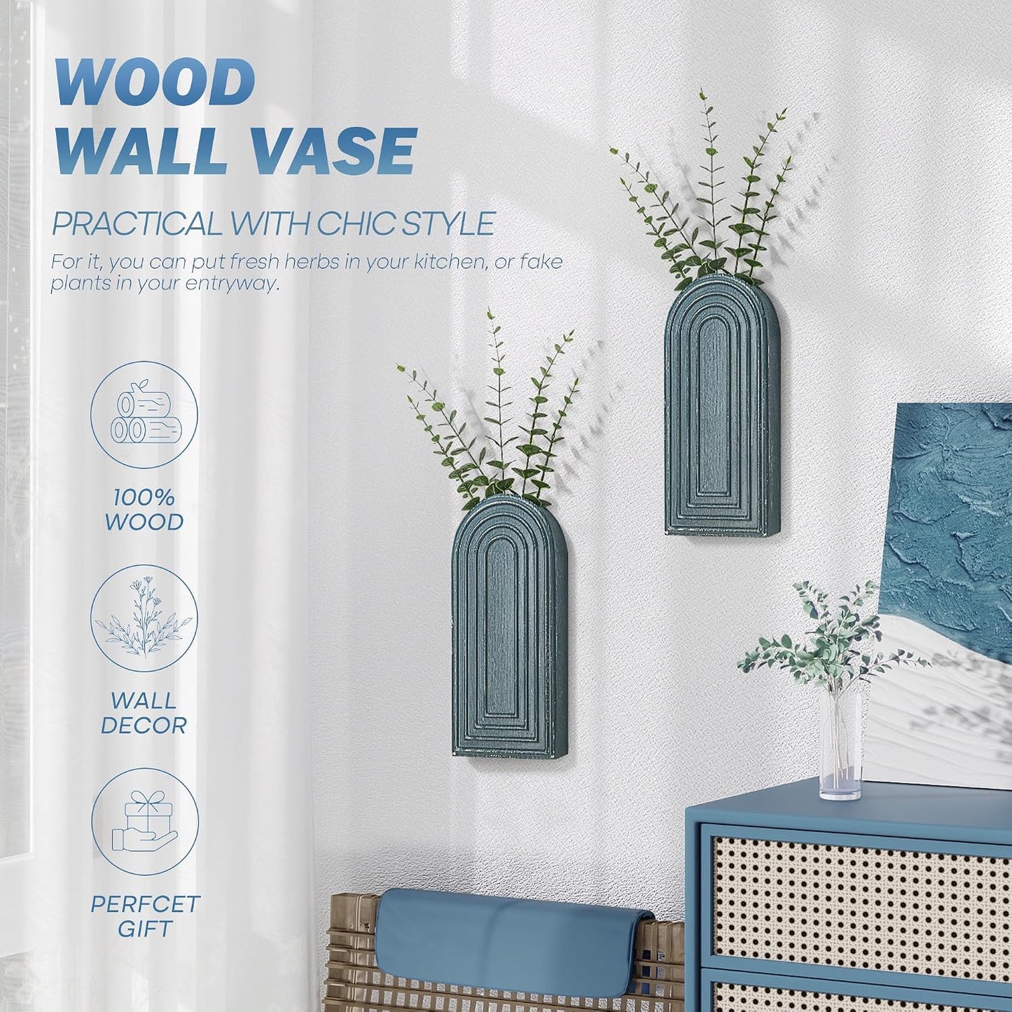 Pine Wood Wall Vases / Denim Blue / Set of 2