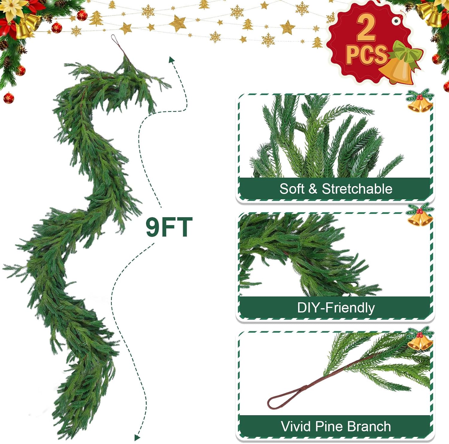 Hananona 9 Ft 2 Pcs Artificial Norfolk Pine Garlands, Realistic Pine Garland, Green Artificial Greenery Garland for