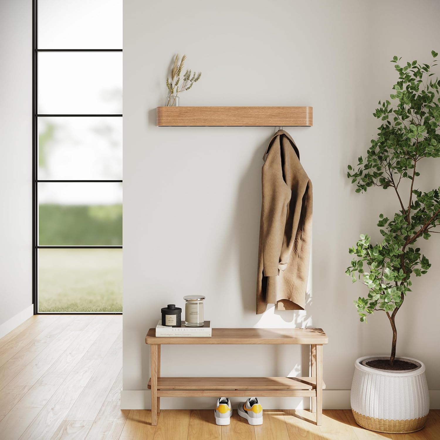 Kazai. Wall-Mounted Coat Rack 'Toke' - Modern Design Coat Rack with Hidden Wall Hooks - Solid Wood Veneer Panel Coat