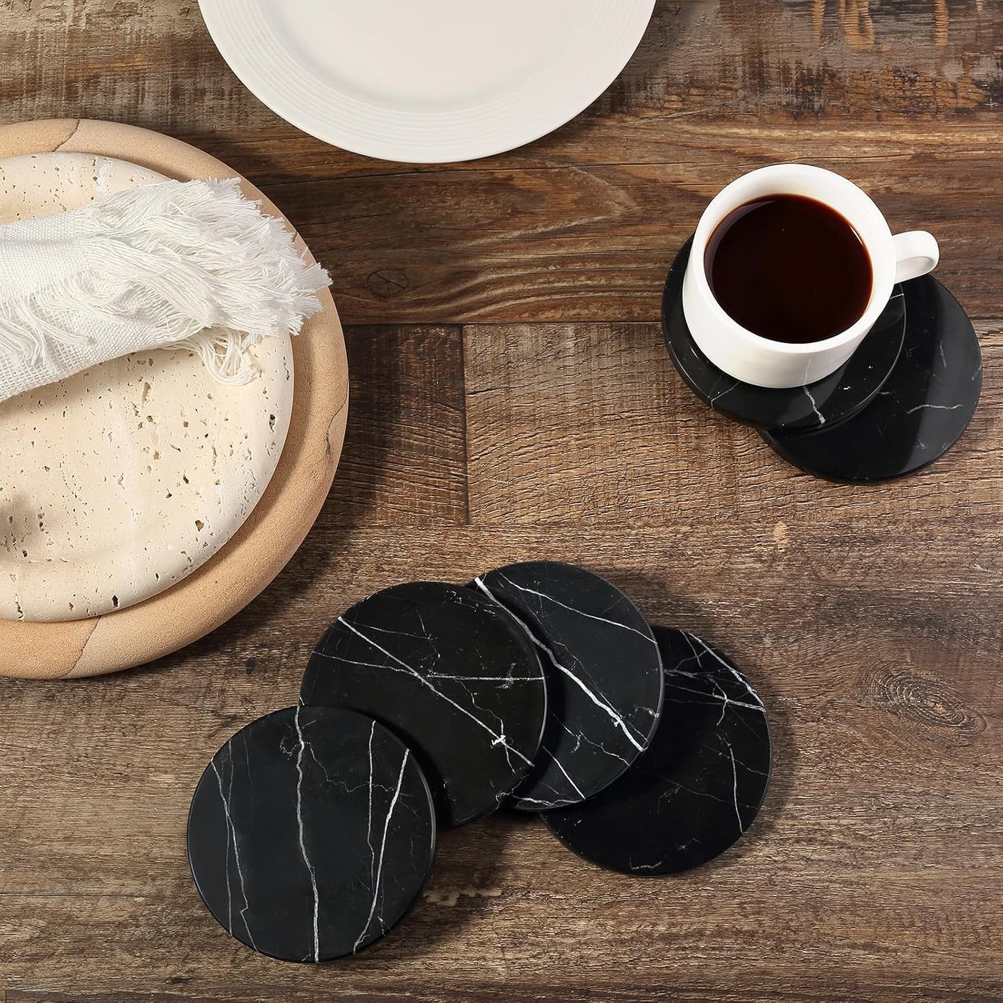 Black Marble Coasters / Nero Marquina Black / 3.9 Inch / Set of 6