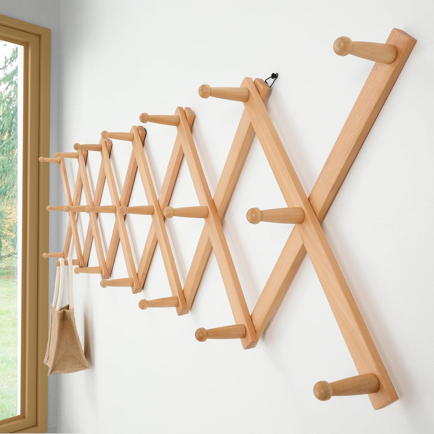 Accordian Wall Hanger: 16” High Wooden Wall Expandable Coat Rack, Hat Rack Holder, Accordion Hook for Baseball Caps