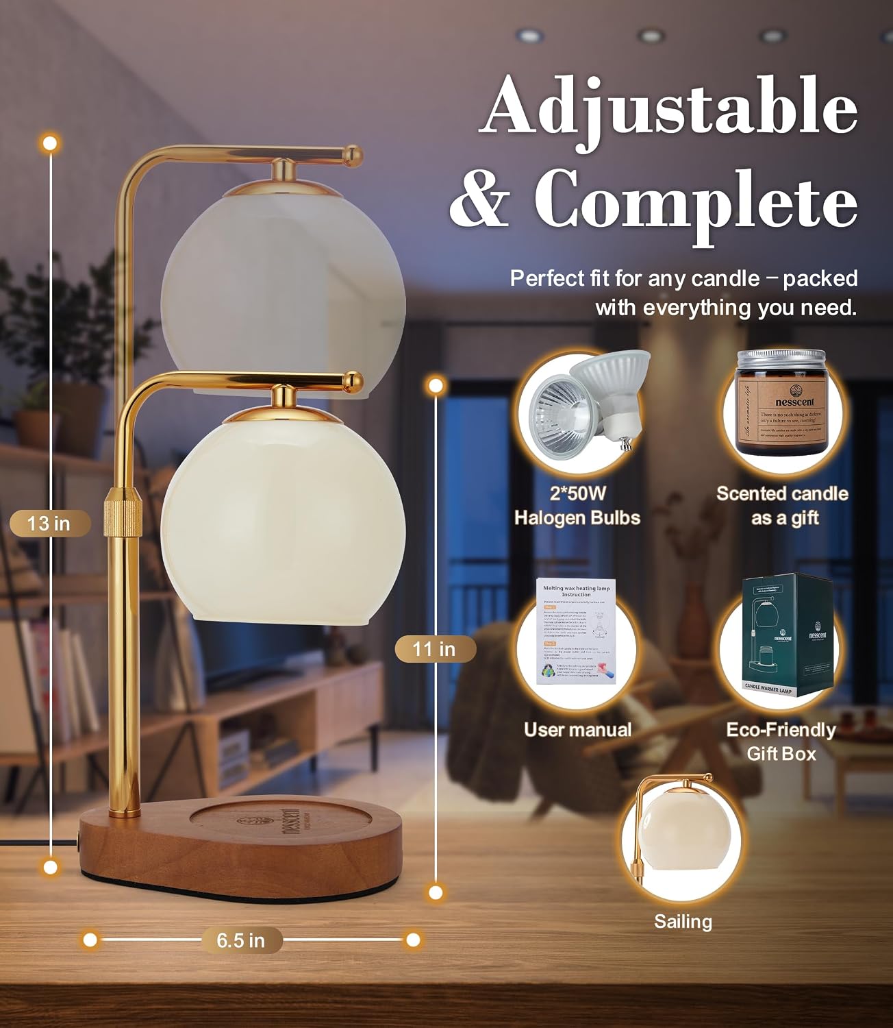 Ivory Glass Candle Warmer Lamp Adjustable Height with Timer 2 4 8H | Warm Gold Hardware | Dark Walnut Base | Dimmer Wax