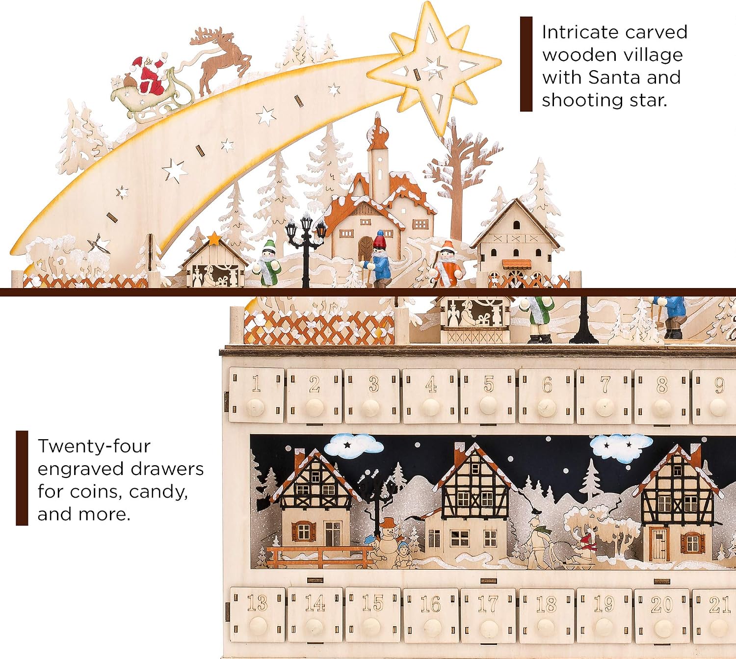 Best Choice Products Wooden Christmas Advent Calendar, Shooting Star Holiday Decoration w/Battery-Operated LED Light