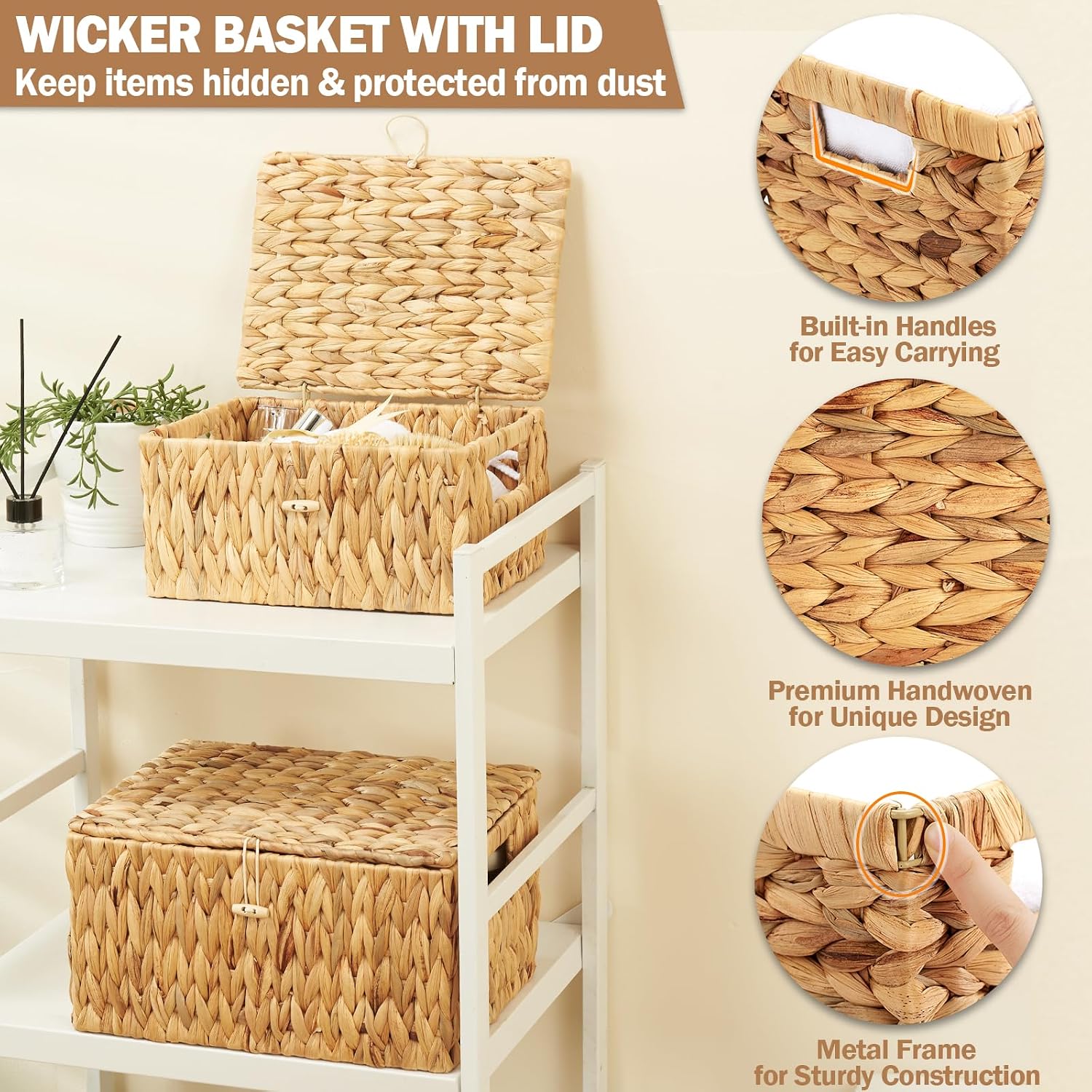 Wicker Basket / Large & Small Storage Basket / 13 x 10 x 7 / Natural with Lid