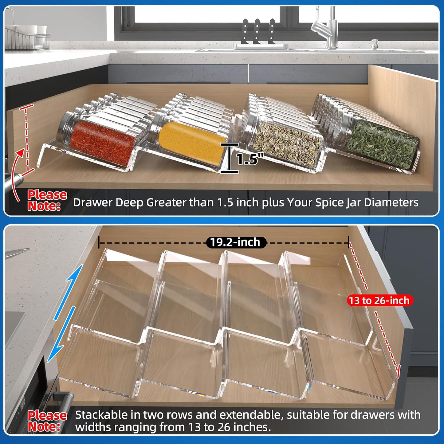 MIUKAA Clear Acrylic Spice Drawer Organizer, 4 Tier- 2 Set Expandable From 13" to 26" Drawer Seasoning Organizer
