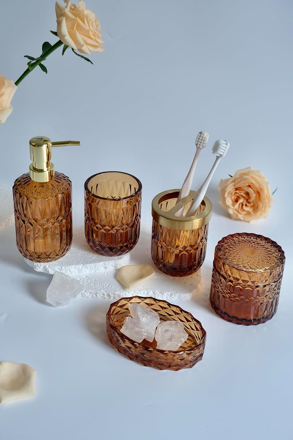LaMarriti Amber Bathroom Accessories Set, 5Pcs Clear Glass Bathroom Set | Toothbrush Holder Set, Soap Dispenser, Soap