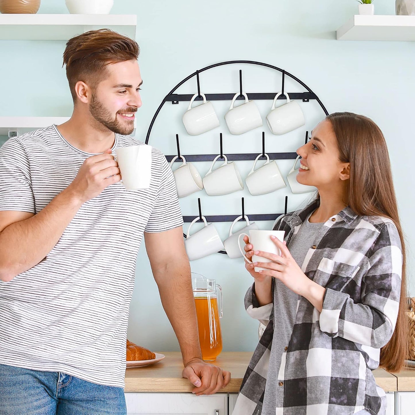 Mug Rack with Sturdy Steel Frame, Matte Black Finish, Removable Rubber Caps, Wall Mounted (Round 24" x 24")
