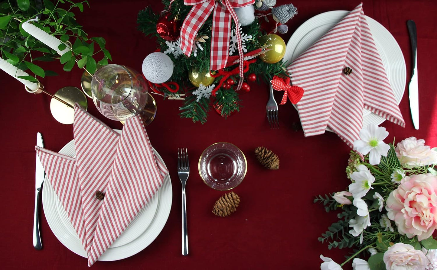 Plain Striped Cotton Linen Blended Dinner Cloth Napkins - Set of 12 (17 x 17 inches) - for Events & Home Use (Red)