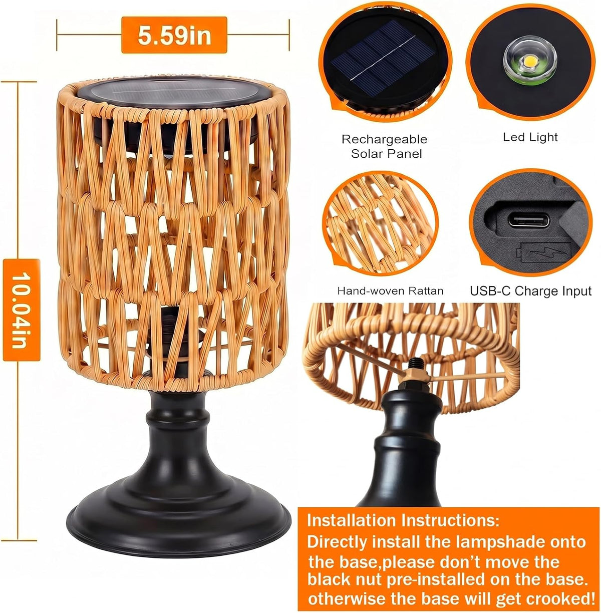 Outdoor Solar Table Lamps Set of 2, Solar Lanterns Outdoor Waterproof | Handwoven, Cordless, USB-C Rechargeable, Solar
