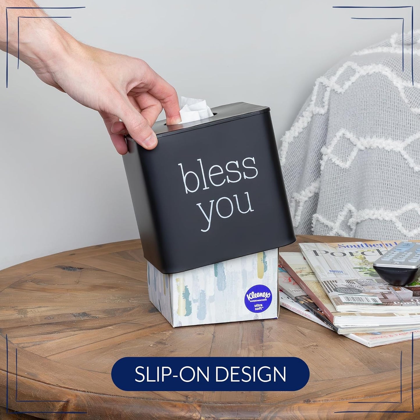 Modern Farmhouse Enamelware Tissue Holder / Black with "bless You
