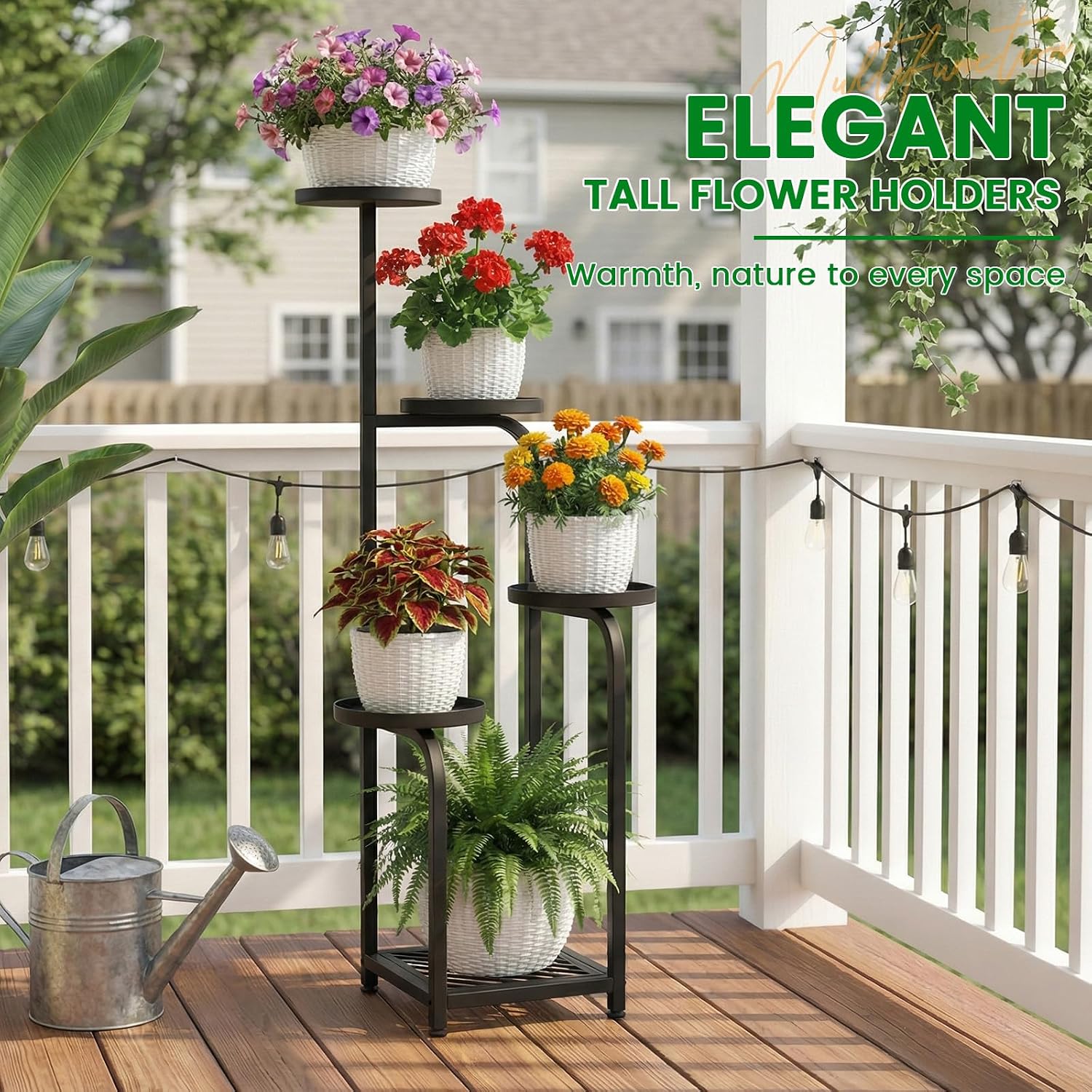 TOSKING 5-Tier Metal Plant Stand Indoor, Anti-Tip Corner Shelf, Black, 47in | Wide base and heavy-duty shelves hold