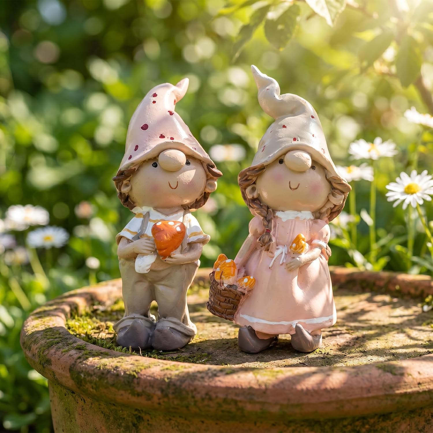 2-Piece Fairy Garden Accessories Outdoor Boy and Girl Mushroom Figurines Resin Small Garden Statues