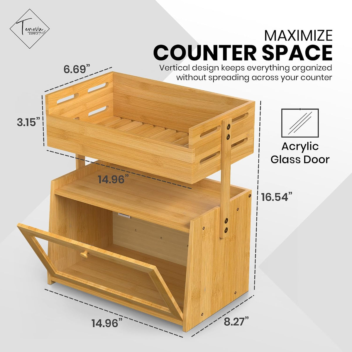 Bamboo Bread Box with Fruit Basket, 2-in-1 Kitchen Countertop Organizer | Vertical storage with acrylic window door, 8