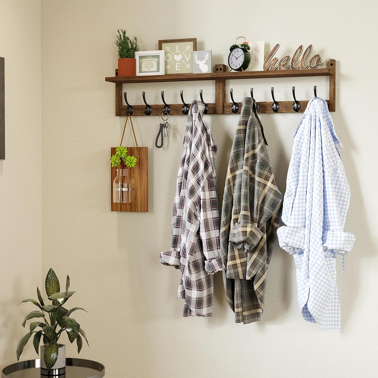 AMBIRD 34.2 inch Wooden Extra-Long Wall Hook Rack with Shelf - Versatile and Decorative Wall-Mounted Storage - 10 Hooks