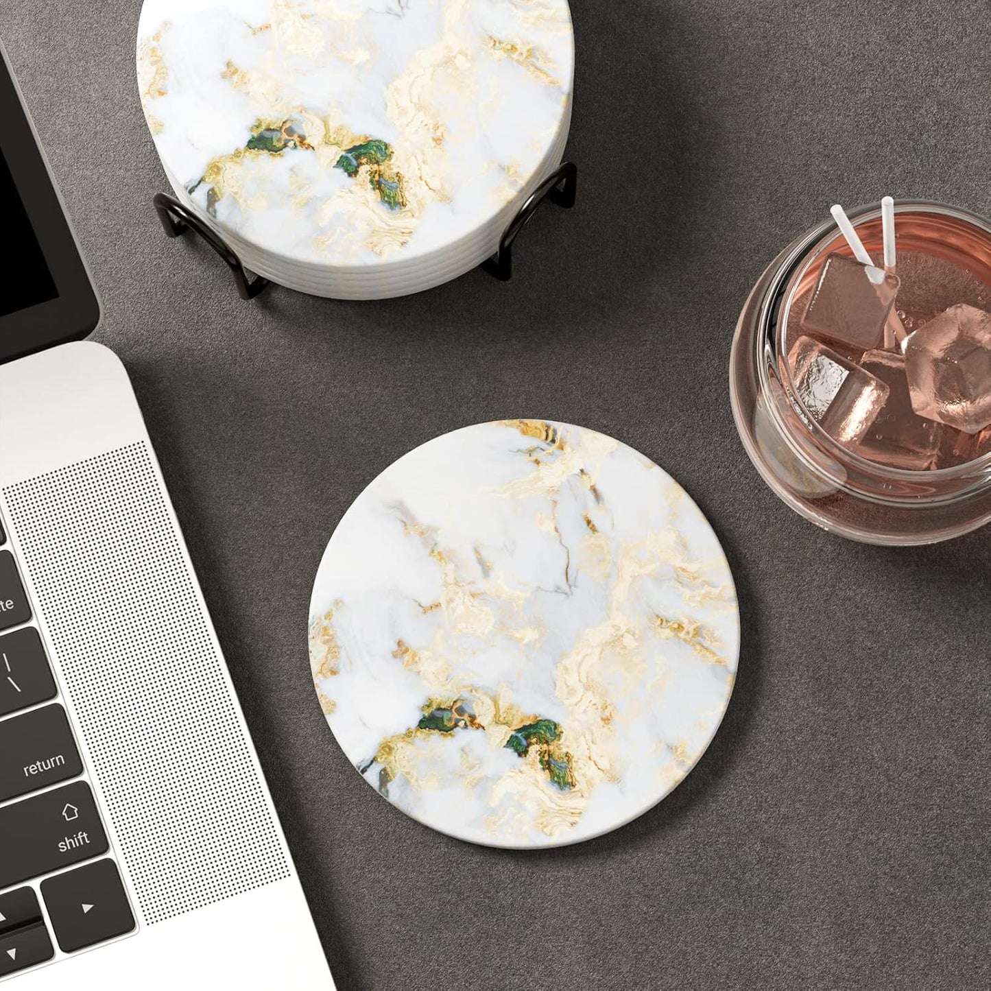 Holder and Cork Base / White Gray Gold Marble / Set of 6
