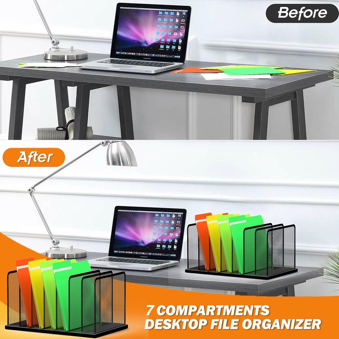 Kuntine.B 7-Section Upright Desk File Organizer Black 2 Pack | Vertical, Mesh, Metal, Assembly, Stability, Sturdiness