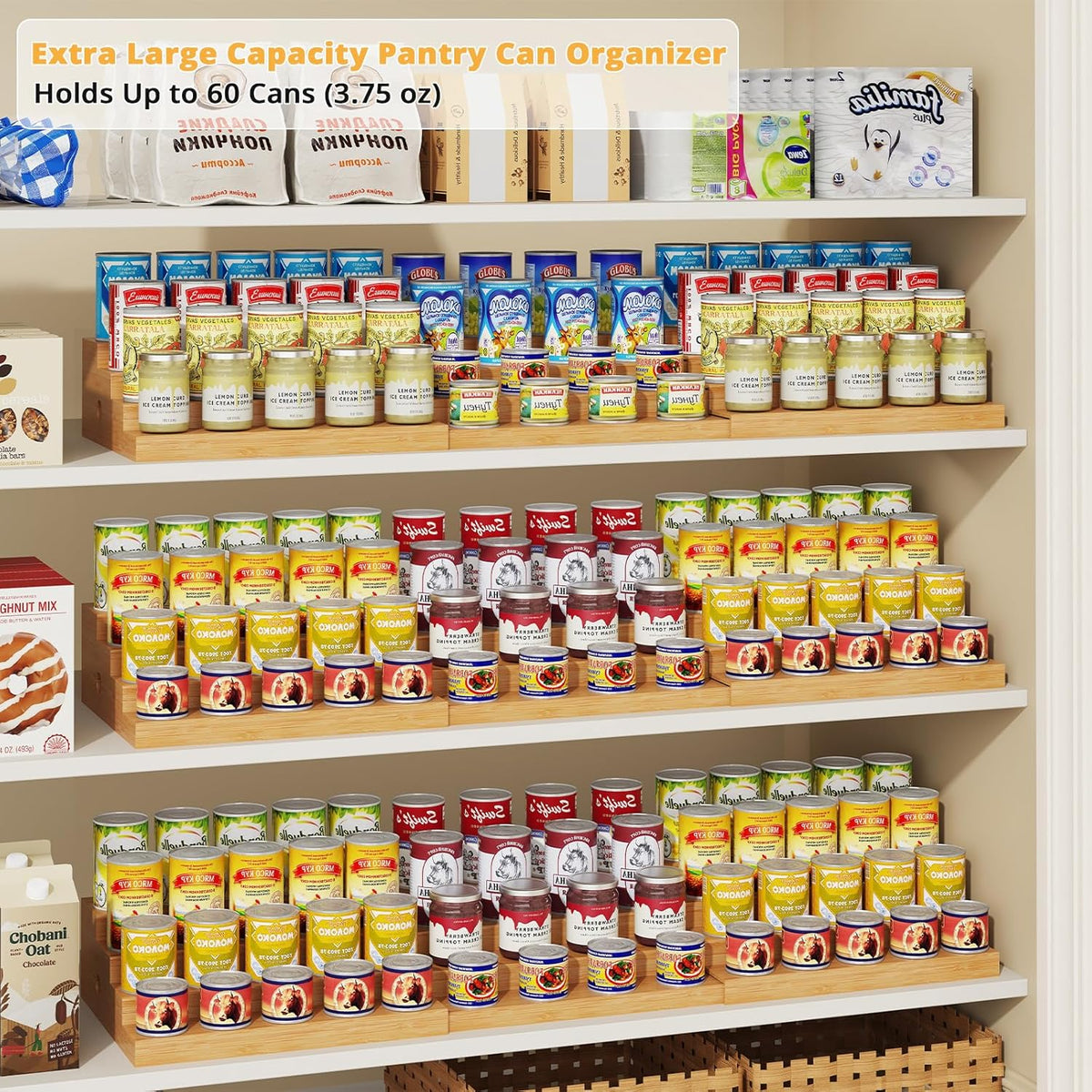 4-Tier Extra-Long Expandable Can Rack, Adjustable Bamboo Organizer for Pantry, Can Storage Holder for Pantry Shelf &