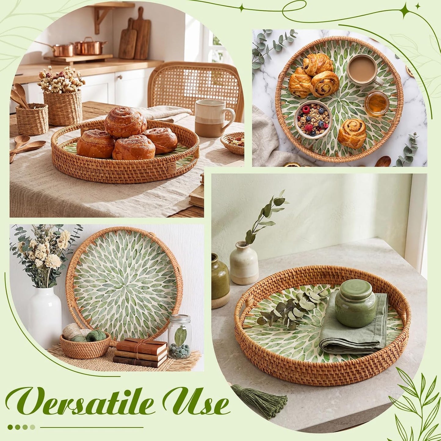 1 PC Round Rattan Tray / 11.8 / Green Leaf / 11.8 Inch
