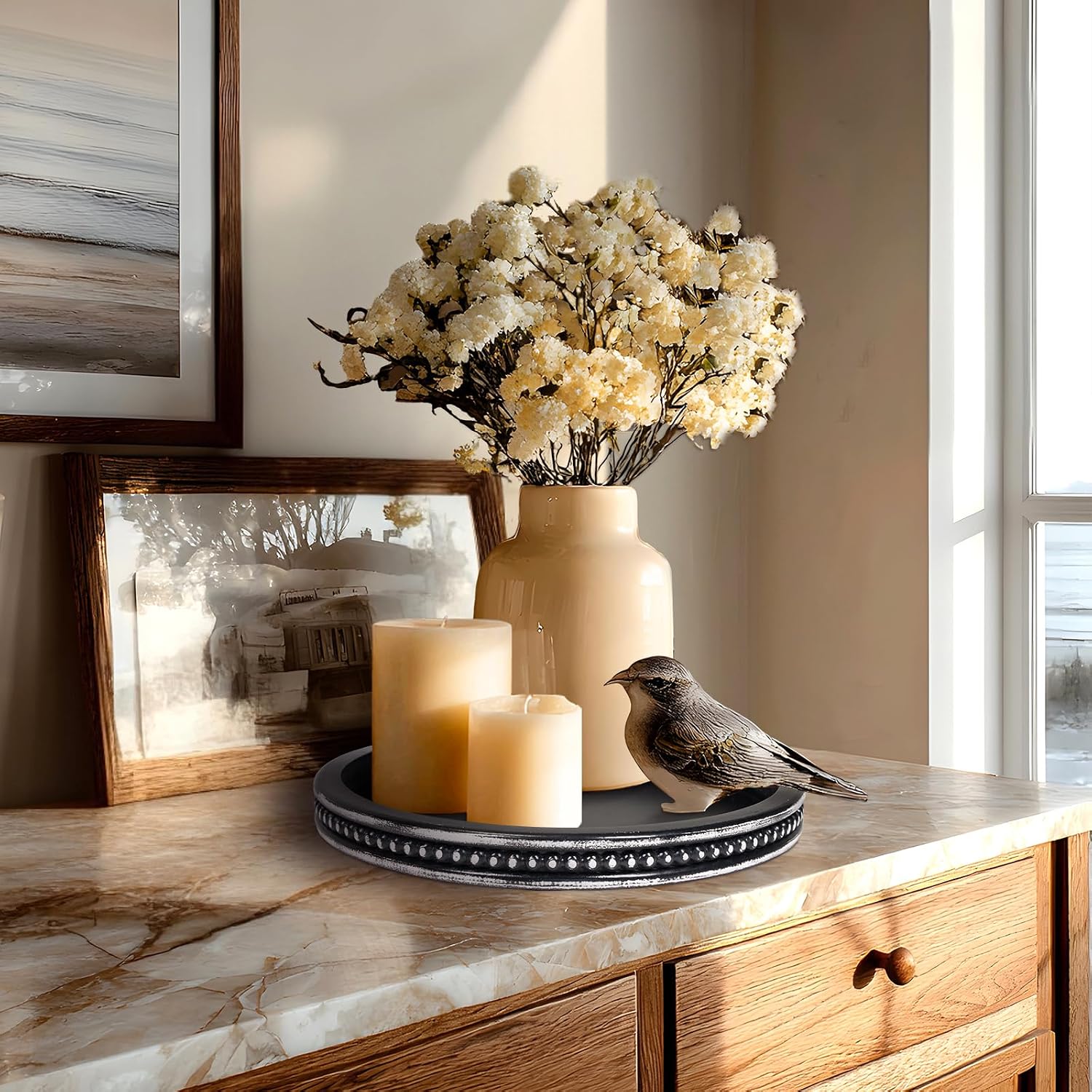 White Farmhouse Bead Round Trays / 11.8 / Washed Black-beaded