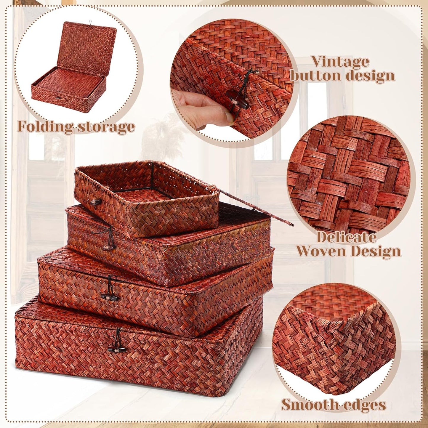 Seagrass Basket / Lid Wicker Storage Basket Decorative Storage Boxes / Retro Red / Set of 4