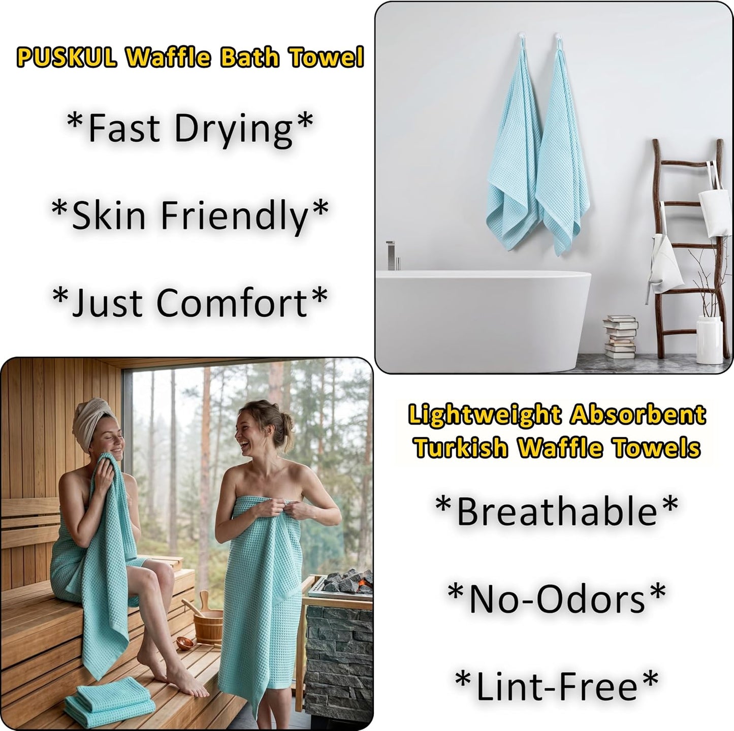 PÜSKÜL Natural 100% Turkish Cotton Waffle Bath Towels Set of 2, Extra-Large | Turquoise, Oversize 32x63" Bath sheet