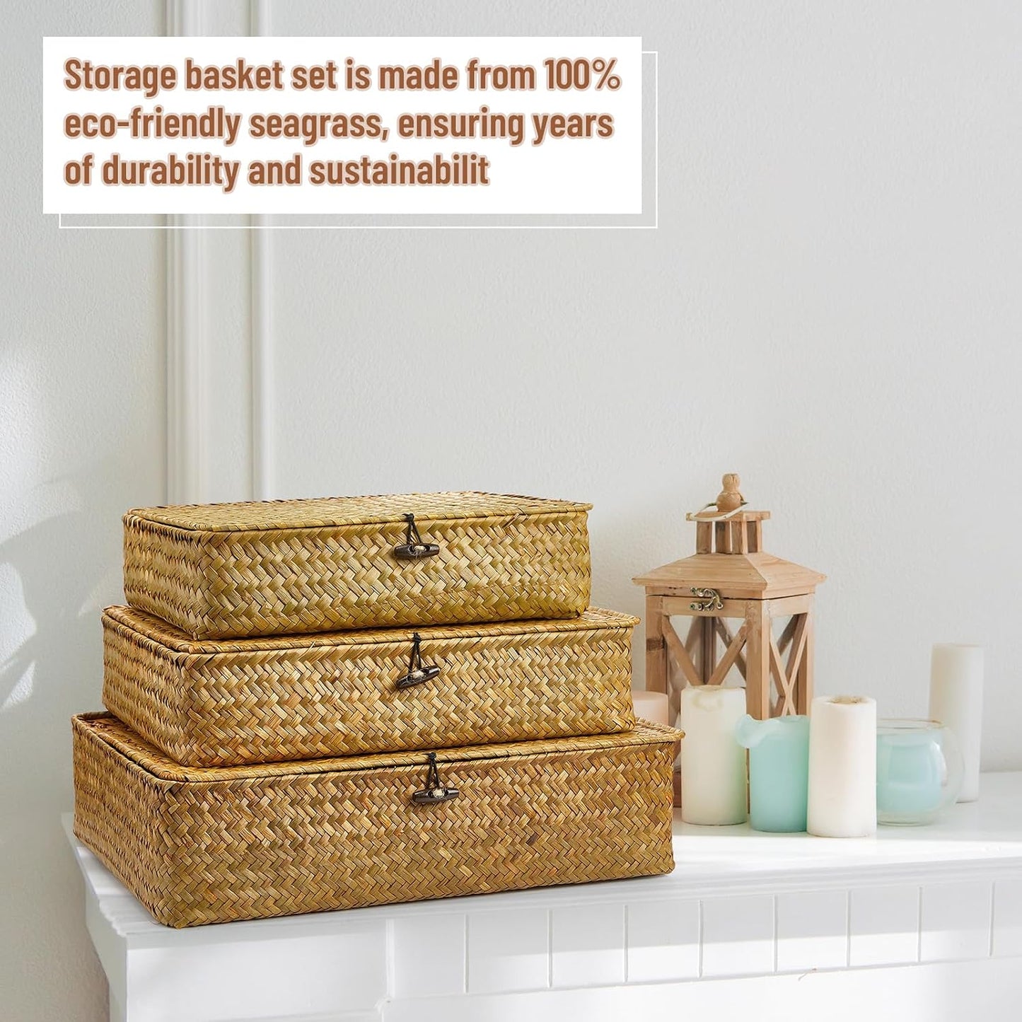 Seagrass Basket / Lid Wicker Storage Basket Decorative Storage Boxes / Yellow / Set of 4