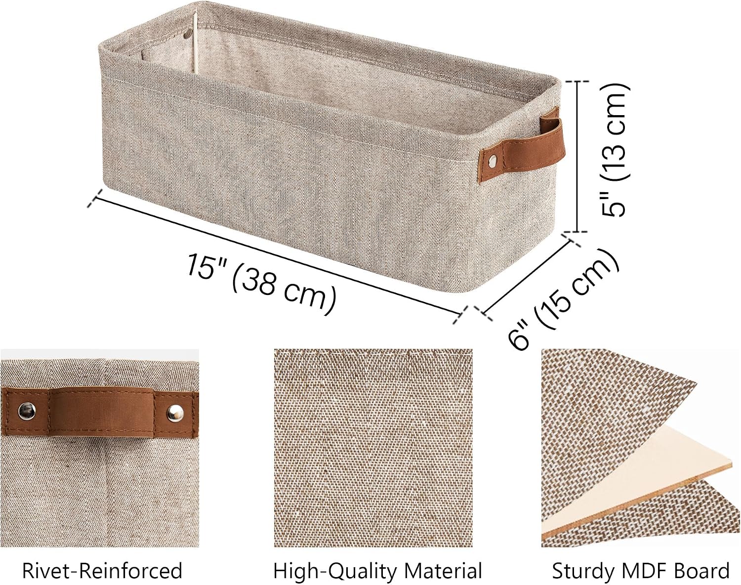 Fabric Organizer / Narrow Storage Bins / Brown and Beige / 15"L x 6"W x 5"H