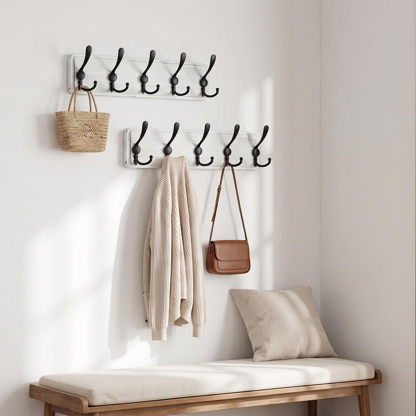 WEBI Coat Rack Wall Mount,Wood Coat Hooks Wall Mounted Coat Hanger,16" Hole to Hole,Wall Hook Rack Rail,5 Triple Hooks