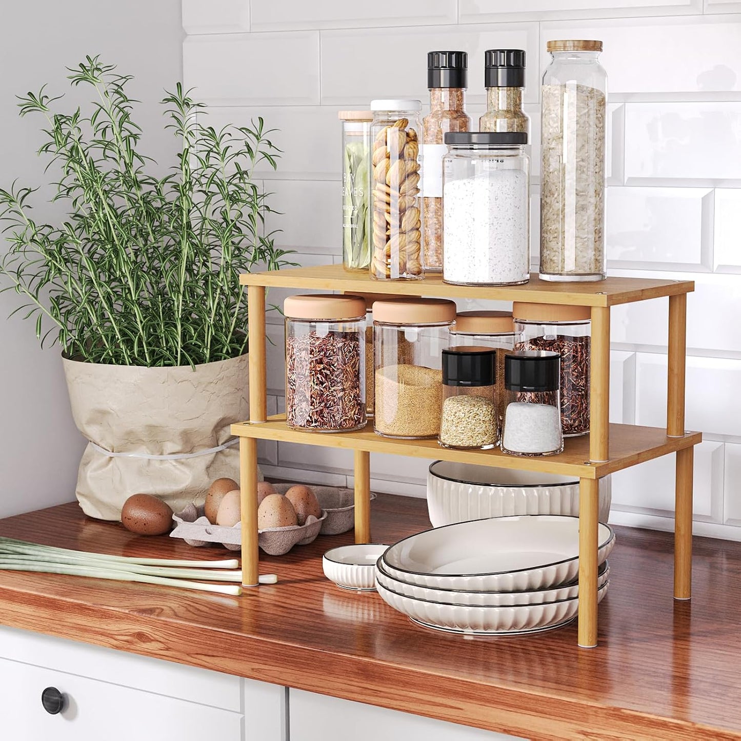 VERTORGAN 2 Pack Cabinet Organizer Shelf,Bamboo Countertop(Large,Natural) | Kitchen Counter Shelves,Spice Rack